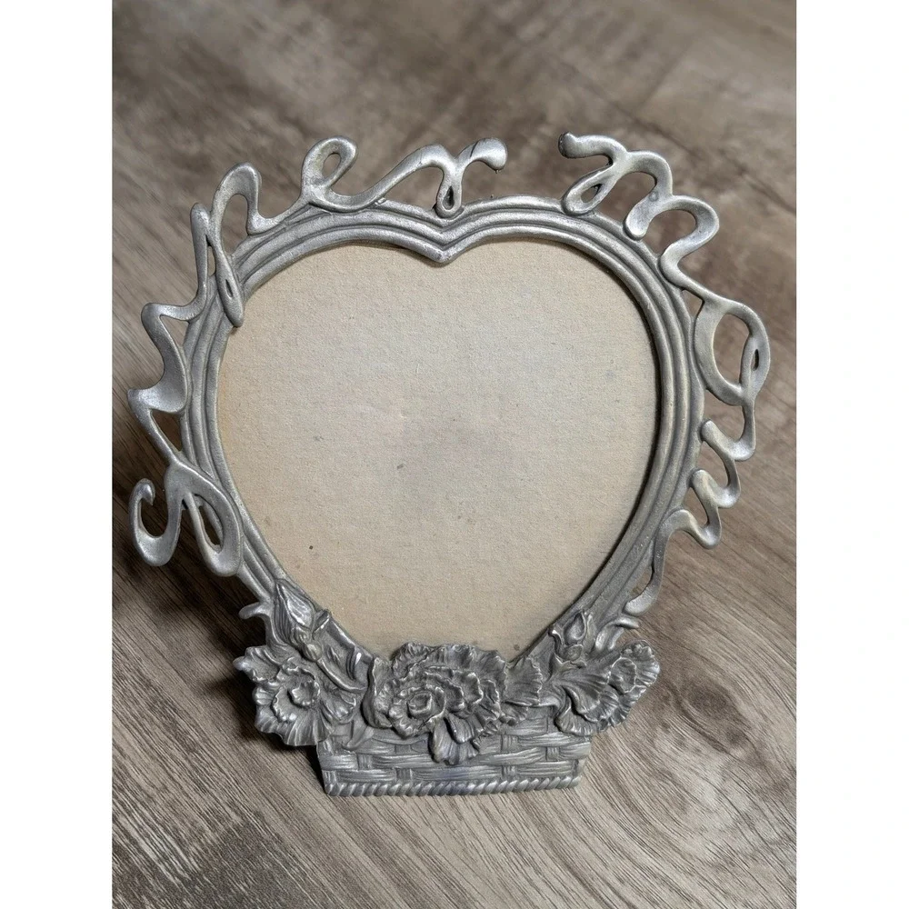 Vintage Heart Pewter Metal Floral Basket 'Super Mom' Script Picture Frame by SUN